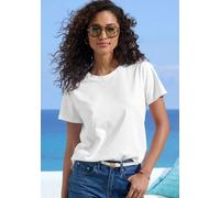 T-Shirt BEACHTIME "mit modischem Schlitz am Saum", Damen, Gr. 32/34, creme, koralle, navy, Single Jersey, Obermaterial: 100% Baumwolle, unifarben, Basic, figurumspielend, Rundhals, Kurzarm, Shirts, au