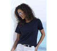 T-Shirt BEACHTIME BY LASCANA "mit modischem Schlitz am Saum", Damen, Gr. 32/34, schwarz, Single Jersey, Obermaterial: 100% Baumwolle, unifarben, Basic, figurumspielend, Rundhals, Shirts T-Shirt, aus l