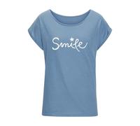 T-Shirt BEACHTIME "mit Frontdruck "Smile"", Damen, Gr. 48/50, blau (himmelblau), Obermaterial: 100% Baumwolle, bedruckt, modisch, bequem normal, Rundhals, Kurzarm mit Aufschlag, Shirts, aus weicher Ba