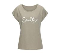 T-Shirt BEACHTIME "mit Frontdruck "Smile"", Damen, Gr. 48/50, grün (khaki), Obermaterial: 100% Baumwolle, bedruckt, modisch, bequem normal, Rundhals, Kurzarm mit Aufschlag, Shirts, aus weicher Baumwol