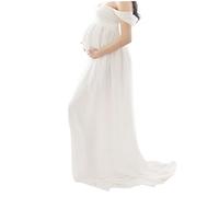 BEAHING Umstandsfotografie-Kleid, Schulterfreies Maxi-Kleid aus Chiffon für Schwangere Frauen, Weiß, Größe M