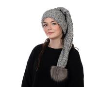 Beanie A 104 Mütze, Zipfelmütze, Pudelmütze, Wintermütze mit großer Fellbommel aus Fellimitat. Extra Lang mit weichem Fleece abgefüttert