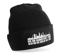 Beanie Strickmütze mit Spruch | Ich bin Darmstadt Fan also bin ich cooler als du! | schwarz | weiche und warme Fußball Mütze für Darmstadt Fan | Skyline | SoftTouch Einheitsgröße für Erwachsene