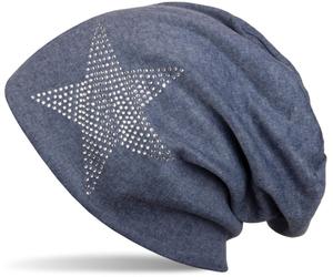 Beanie STYLEBREAKER "Warme Beanie Mütze mit Strass Stern", Damen, blau (jeansblau), Obermaterial: 50% Viskose CV. 50% Baumwolle CO., Modisch, Mützen Beanie (22742538-0) jeansblau