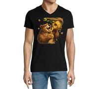 Bear Enjoying Honey from Hive Herren Baumwolle V-Ausschnitt T-Shirt Schwarz, Schwarz , XL