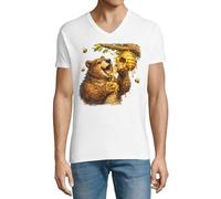Bear Enjoying Honey from Hive Herren Baumwolle V-Ausschnitt T-Shirt Weiß, weiß, L