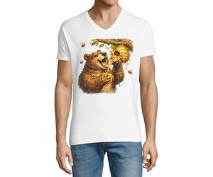 Bear Enjoying Honey from Hive Herren Baumwolle V-Ausschnitt T-Shirt Weiß, weiß, XXL