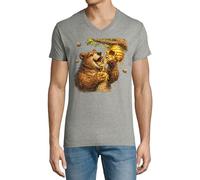 Bear Enjoying Honey from Hive Herren-T-Shirt, Baumwolle, V-Ausschnitt, Grau, grau, S