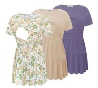 Bearsland Women’s Nursing Top 3pack Short Sleeve Scoop Neck Nursing Shirt Breastfeeding Shirts, Purple & Khaki & Green-White Flower, L