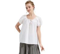 BEAUTELICATE Damen Bluse Kurzarm Baumwolle Puffärmel Vintage Locker Sommer Top Mittelalter Oberteil Rundhals Einfarbige Hemd für Freizeit Urlaub,S