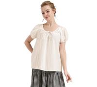 BEAUTELICATE Damen Bluse Kurzarm Baumwolle Puffärmel Vintage Locker Sommer Top Mittelalter Oberteil Rundhals Einfarbige Hemd für Freizeit Urlaub,Beige,S