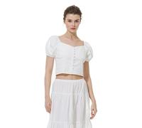 BEAUTELICATE Damen Crop Top Kurzarm Baumwolle Schulterfrei Bardot Bluse Renaissance Knopfleiste Oberteile Trachtenbluse Off-Shoulder Korsett Oberteil 11Weiß, L