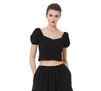 BEAUTELICATE Damen Crop Top Kurzarm Baumwolle Schulterfrei Bardot Bluse Renaissance Knopfleiste Oberteile Trachtenbluse Off-Shoulder Korsett Oberteil (Schwarz, L)