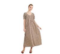 BEAUTELICATE Damen Kleid Maxi Sommer Baumwolle Vintage Kurzarm Gingham Sommerkleider Knopfleiste Hauskleid Locker Freizeitkleid Schlafkleid mit Spitze Umstandskleid,Lang,S