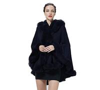 BEAUTELICATE Damen Kunstpelz Strick Poncho Cape Warm Umhang Gestrickt mit Kapuze Cardigan Brautjacke Bolero für Winter Hochzeit Abend Weihnachten (Marineblau mit Pelzkragen, Einheitsgröße)