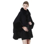 BEAUTELICATE Kunstpelz Poncho Cape Damen Gestrickter Umhang mit Kunstfell Kragen Winter Stola Bolero Warm Mantel Cardigan für Hochzeit Festlich Zeremonie Weihnachten (Schwarz,Einheitsgröße)