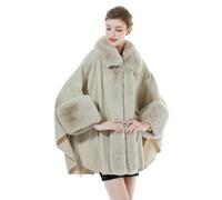 BEAUTELICATE Kunstpelz Poncho Cape Damen Gestrickter Umhang mit Kunstfell Kragen Winter Stola Bolero Warm Mantel Cardigan für Hochzeit Festlich Zeremonie Weihnachten (Beige,Einheitsgröße)