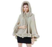 BEAUTELICATE Kunstpelz Stola Umhang Damen Poncho Cape Mit Kapuze Für Winter Hochzeit Abend Braut (Beige mit Pelzkragen,Einheitsgröße)