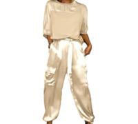 Beautyhis 2-teiliges Set aus glattem Satin, halblange Ärmel, Oberteil und Hose, Sommer, lässig, Satin, 2-teiliges Outfit, Jogger, Lounge, 2er-Set, aprikose, 42