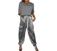 Beautyhis 2-teiliges Set aus glattem Satin, halblange Ärmel, Oberteil und Hose, Sommer, lässig, Satin, 2-teiliges Outfit, Jogger, Lounge, 2er-Set, grau, 54