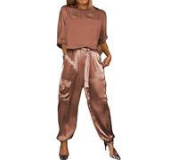 Beautyhis 2-teiliges Set aus glattem Satin, halblange Ärmel, Oberteil und Hose, Sommer, lässig, Satin, 2-teiliges Outfit, Jogger, Lounge, 2er-Set (Gold, L), braun