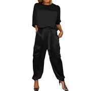 Beautyhis 2-teiliges Set aus glattem Satin, halblange Ärmel, Oberteil und Hose, Sommer, lässig, Satin, 2-teiliges Outfit, Jogger, Lounge, 2er-Set, Schwarz , 42