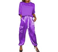 Beautyhis 2-teiliges Set aus glattem Satin, halblange Ärmel, Oberteil und Hose, Sommer, lässig, Satin, 2-teiliges Outfit, Jogger, Lounge, 2er-Set (Lila, XL), violett