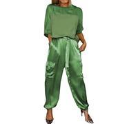 Beautyhis 2-teiliges Set aus glattem Satin, halblange Ärmel, Oberteil und Hose, Sommer, lässig, Satin, 2-teiliges Outfit, Jogger, Lounge, 2er-Set, grün, 46