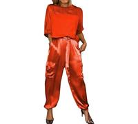 Beautyhis 2-teiliges Set aus glattem Satin, halblange Ärmel, Oberteil und Hose, Sommer, lässig, Satin, 2-teiliges Outfit, Jogger, Lounge, 2er-Set, rot, 42