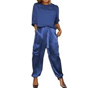 Beautyhis 2-teiliges Set aus glattem Satin, halblange Ärmel, Oberteil und Hose, Sommer, lässig, Satin, 2-teiliges Outfit, Jogger, Lounge, 2er-Set, blau, 42
