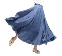 Beautyhis Böhmischer Baumwoll-Leinenrock für Damen, Sommer-Leinen-Maxirock, elastische Taille, A-Linie, fließende Maxiröcke, Niagara-Blau, 36