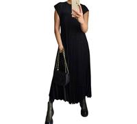 Beautyhis Damen-Kleid, plissiert, schlicht, einfarbig, plissiert, Maxikleid, Rundhalsausschnitt, einfarbig, lockeres Sommerkleid, lang, Schwarz, Größe S, Schwarz