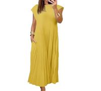 Beautyhis Plissiertes schlichtes einfarbiges Damenkleid, plissiertes Maxikleid, Rundhalsausschnitt, einfarbig, lockeres Sommerkleid, langes Kleid (gelb, XL), gelb