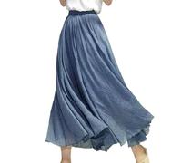 BEAUTYLAST Damen Böhmischer Baumwoll-Leinen-Rock mit elastischem Taillenbund Langer fließender lässiger Sommer-Strand-Urlaubsrock, blau, 95CM-Length