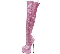 BeAUZQ 22cm Damenmode Rosa Glitzer Oberschenkel Hohe Plateaustiefel Sexy Fetisch Stiletto Heel Overknee Stiefel Full Zip Stiefel Größe 36-46,Rosa,42 EU