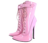BeAUZQ 7inch Sexy Fetisch High Heel Spitz Stilettos Lackleder Schnürsenkel Abschließbare Knöchelriemen Stiefel Motorradstiefel Stripper Tanzschuhe,Rosa,45