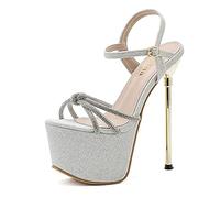 BeAUZQ Damen 17CM Plateau Stilettos Sandalen Peep Toe High Heel Knöchelsandalen Sexy Nachtclub Pole Dance Party Kleid Pumps,Silber,39