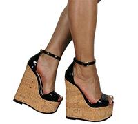 BeAUZQ Damen Holzmaserung Keilsandalen Schwarz Lackleder Plateau High Heels Sexy Hochzeitsfest Kleid Pumps Lässige Reise Urlaub Schuhe,Schwarz,48