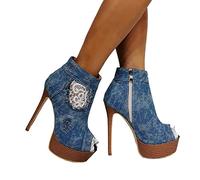 BeAUZQ Damen Sexy High Heels Peep Toe Plateau Sandalen Modisch Cowboy Stil Hochzeit Party Kleid Pumps Lässig Reise Urlaub Formelle Schuhe,Blau,41