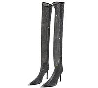 BeAUZQ Damen Sexy Spitz Oberschenkel High Overknee Stiefel Fetisch High Heels Mode Strass Hohl Stilettos Sandalen Schuhe Größe 34-46,Schwarz,38