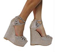 BeAUZQ Damen Sommer Keilsandalen High Heels Mode Strass Hohl Pumps Sexy Hochzeit Kleid Lässig Reise Urlaub Schuhe,Gold,37