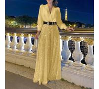 Bebykilemi Damen Pailletten-Jumpsuit mit breiten Beinen und V-Ausschnitt, lockerer eleganter Party-Strampler für Abendurlaub, Polyester, einfarbig, modisches Oberteil in (XL Gold)