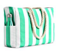 Becokan Schwimmtasche für Damen, wasserdicht, sanddicht, groß, gestreift, Strandtasche mit Reißverschluss, Grün , Large