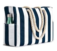 Becokan Strandtasche für Damen, Pooltasche, wasserdicht, sanddicht, Strandtasche, groß, Strandtasche mit Reißverschluss, gestreift, Strandtasche, Dunkelblau, Large