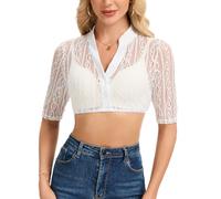 Becotal Damen Dirndl Bluse Weiß - Elegant Spitzenbluse Oktoberfest Trachtenmode Kurzarm V-Ausschnitt Trachtenbluse 36-42, Weiß 1, 34