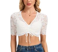 Becotal Damen Dirndl Bluse Weiß - Elegant Spitzenbluse Oktoberfest Trachtenmode Kurzarm V-Ausschnitt Trachtenbluse 36-42, Weiß 3, 34