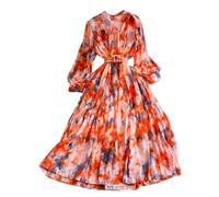 Bedrucktes Damenkleid im französischen Stil, lange Ärmel, Taille, Wickelkleid, Chiffon, plissiert, Strandkleider, Orange, Einheitsgröße