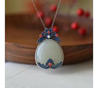BEDT Natürliche Hetian Jade Wassertropfen Ethnische Wind Halskette Klassische Vintage Emaille Porzellan Anhänger Damen Silber Schmuck Geschenk