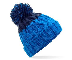 Beechfield Zweifarbige Strickmütze mit Bommel - Azureblau / dunkelblau