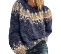 BeerMmay Damen Herbst Winter Rundhals Casual Lose Mohair Grobstrick Jacquard Damen Pullover, blau, M